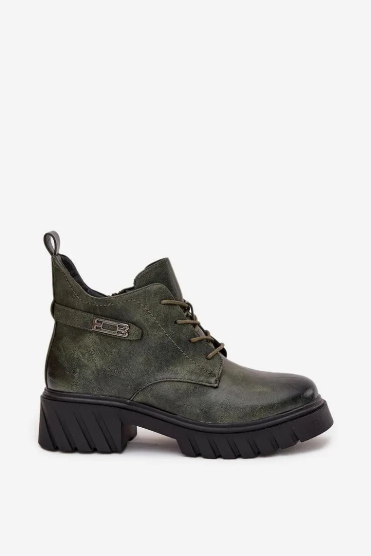 New Boto Niskie Ocieplane Botki Damskie Na Klocku Z Ozdobnym Paskiem Ciemnozielone Therisse Zielony