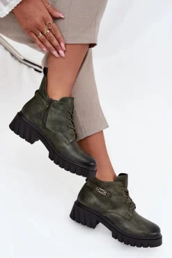 New Boto Niskie Ocieplane Botki Damskie Na Klocku Z Ozdobnym Paskiem Ciemnozielone Therisse Zielony