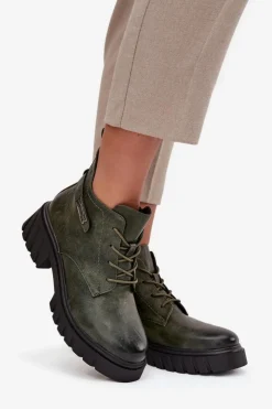 New Boto Niskie Ocieplane Botki Damskie Na Klocku Z Ozdobnym Paskiem Ciemnozielone Therisse Zielony