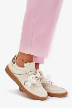 Clearance Boto Niskie Sneakersy Damskie Z Koronką Panterka Beżowe Zielle Beżowy