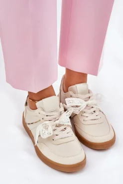 Clearance Boto Niskie Sneakersy Damskie Z Koronką Panterka Beżowe Zielle Beżowy