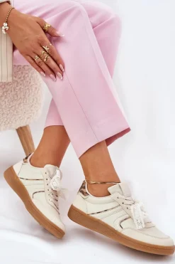 Clearance Boto Niskie Sneakersy Damskie Z Koronką Panterka Beżowe Zielle Beżowy