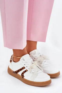 Damskie Boto Niskie Sneakersy Damskie Z Koronką Panterka Białe Zielle