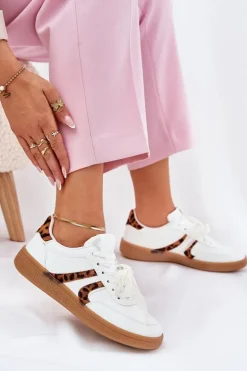 Damskie Boto Niskie Sneakersy Damskie Z Koronką Panterka Białe Zielle