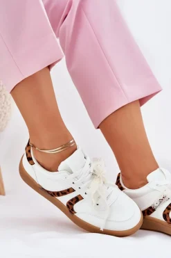 Damskie Boto Niskie Sneakersy Damskie Z Koronką Panterka Białe Zielle