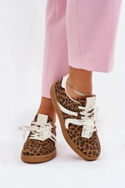 Damskie Boto Niskie Sneakersy Damskie Z Koronką Panterka Brązowe Zielle