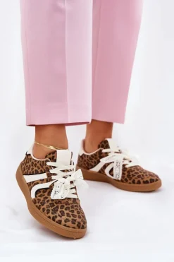 Damskie Boto Niskie Sneakersy Damskie Z Koronką Panterka Brązowe Zielle