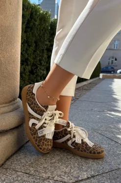 Damskie Boto Niskie Sneakersy Damskie Z Koronką Panterka Brązowe Zielle