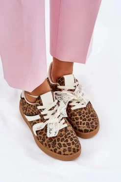 Damskie Boto Niskie Sneakersy Damskie Z Koronką Panterka Brązowe Zielle