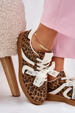 Damskie Boto Niskie Sneakersy Damskie Z Koronką Panterka Brązowe Zielle