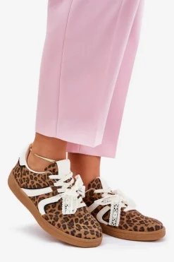 Damskie Boto Niskie Sneakersy Damskie Z Koronką Panterka Brązowe Zielle