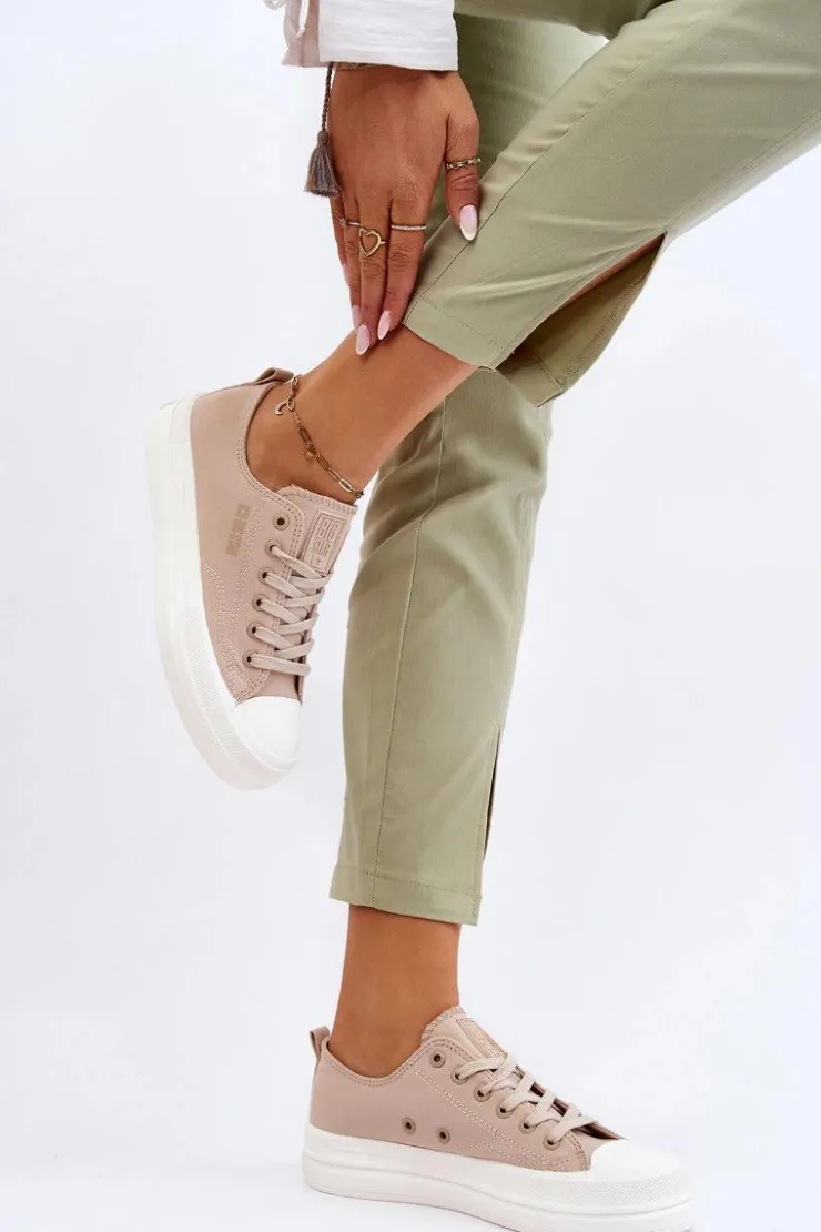 Big Star Shoes Trampki Damskie Big Star|Trampki Damskie Niskie*Niskie Sznurowane Tenisówki Big Star LL274969 Beżowe Beżowy