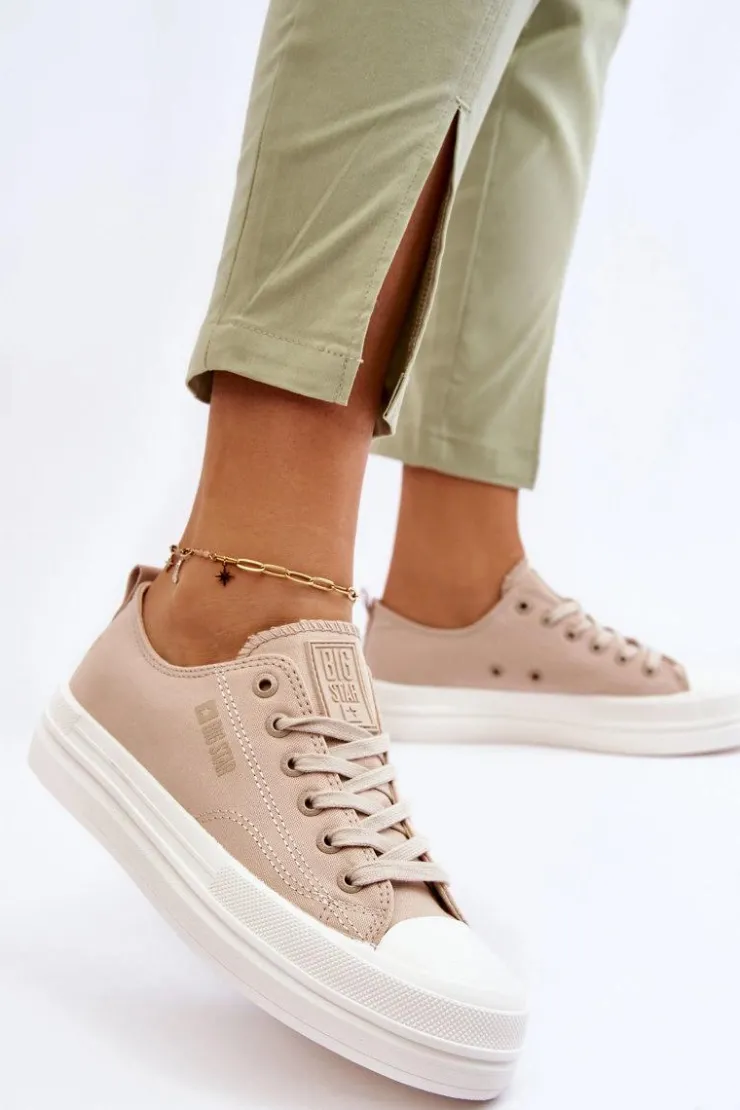 Big Star Shoes Trampki Damskie Big Star|Trampki Damskie Niskie*Niskie Sznurowane Tenisówki Big Star LL274969 Beżowe Beżowy