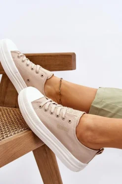 Big Star Shoes Trampki Damskie Big Star|Trampki Damskie Niskie*Niskie Sznurowane Tenisówki Big Star LL274969 Beżowe Beżowy