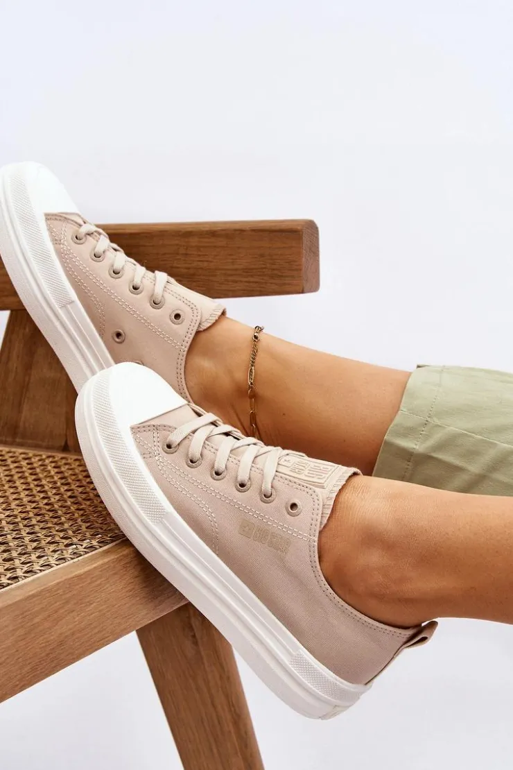 Big Star Shoes Trampki Damskie Big Star|Trampki Damskie Niskie*Niskie Sznurowane Tenisówki Big Star LL274969 Beżowe Beżowy