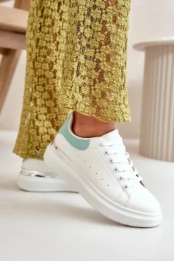 Damskie Boto Niskie Trampki Damskie Na Platformie Z Eko Skóry Biało-Zielone Nevelena