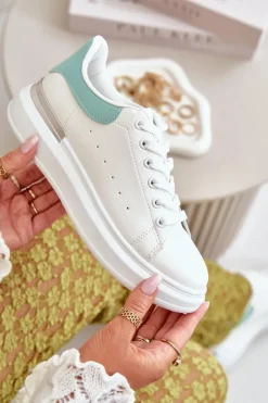 Damskie Boto Niskie Trampki Damskie Na Platformie Z Eko Skóry Biało-Zielone Nevelena