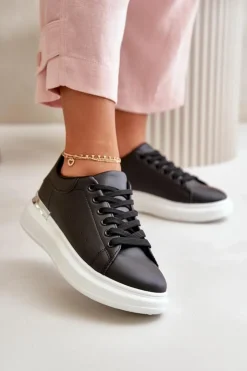 Damskie Boto Niskie Trampki Damskie Na Platformie Z Eko Skóry Czarne Nevelena