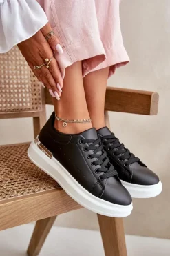 Damskie Boto Niskie Trampki Damskie Na Platformie Z Eko Skóry Czarne Nevelena