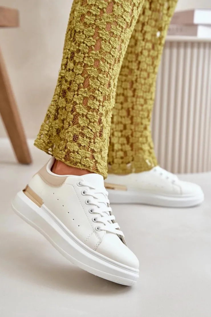 Boto Trampki Damskie Niskie*Niskie Trampki Damskie Na Platformie Z Eko Skóry Biało-Beżowe Nevelena