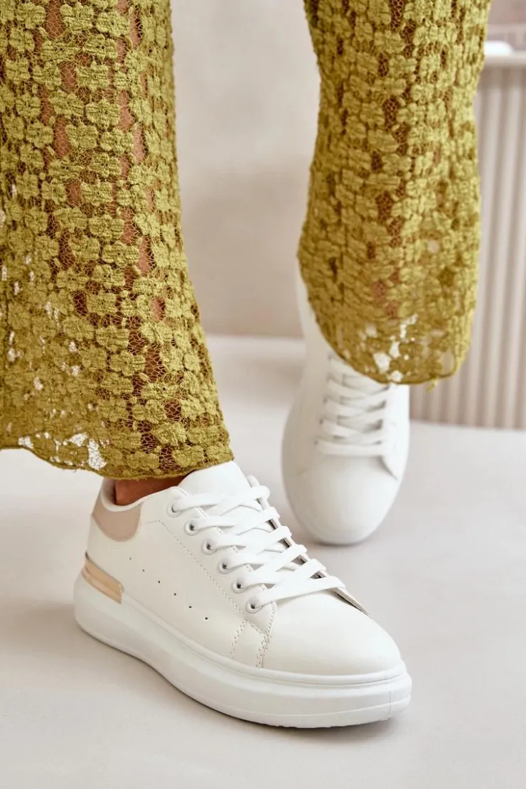 Boto Trampki Damskie Niskie*Niskie Trampki Damskie Na Platformie Z Eko Skóry Biało-Beżowe Nevelena