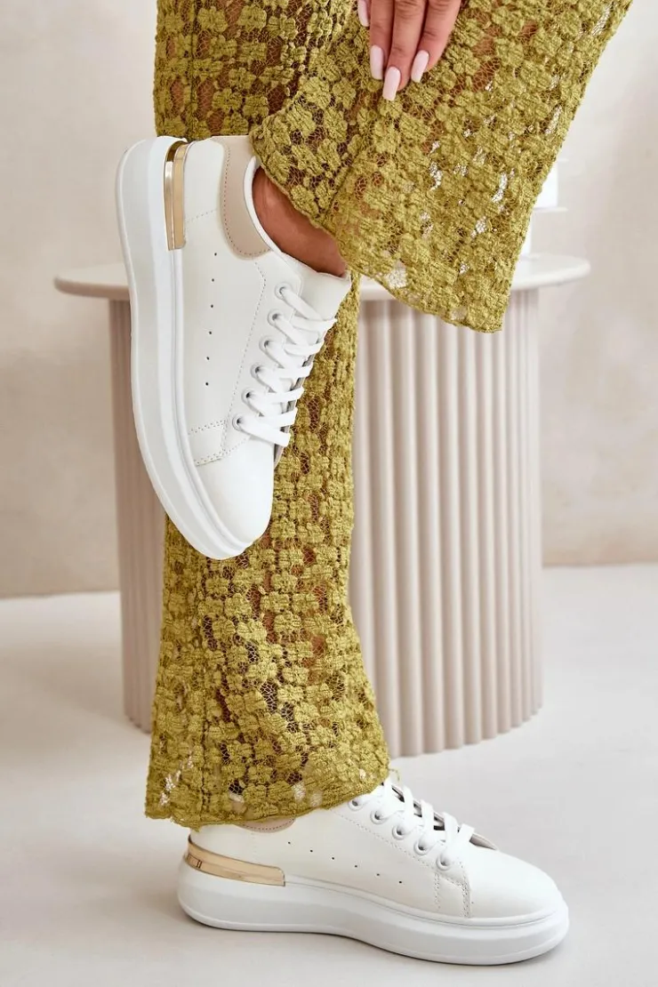 Boto Trampki Damskie Niskie*Niskie Trampki Damskie Na Platformie Z Eko Skóry Biało-Beżowe Nevelena