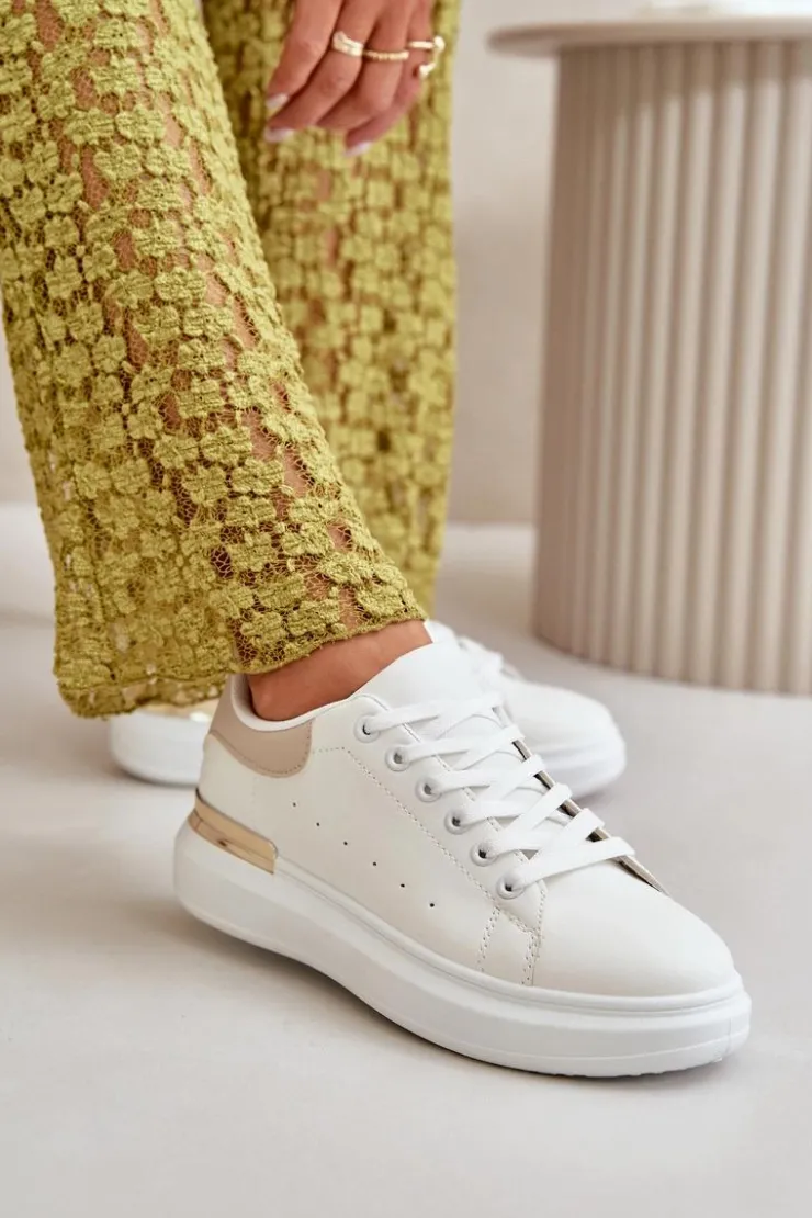 Boto Trampki Damskie Niskie*Niskie Trampki Damskie Na Platformie Z Eko Skóry Biało-Beżowe Nevelena