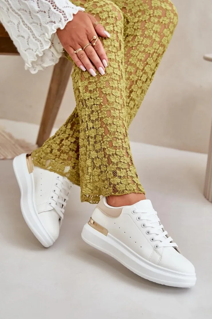 Boto Trampki Damskie Niskie*Niskie Trampki Damskie Na Platformie Z Eko Skóry Biało-Beżowe Nevelena