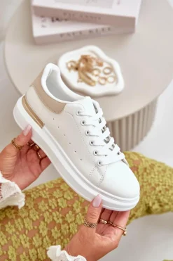 Boto Trampki Damskie Niskie*Niskie Trampki Damskie Na Platformie Z Eko Skóry Biało-Beżowe Nevelena