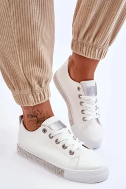 Outlet Boto Niskie Trampki Damskie Z Dżetami Biało-Srebrne Demira