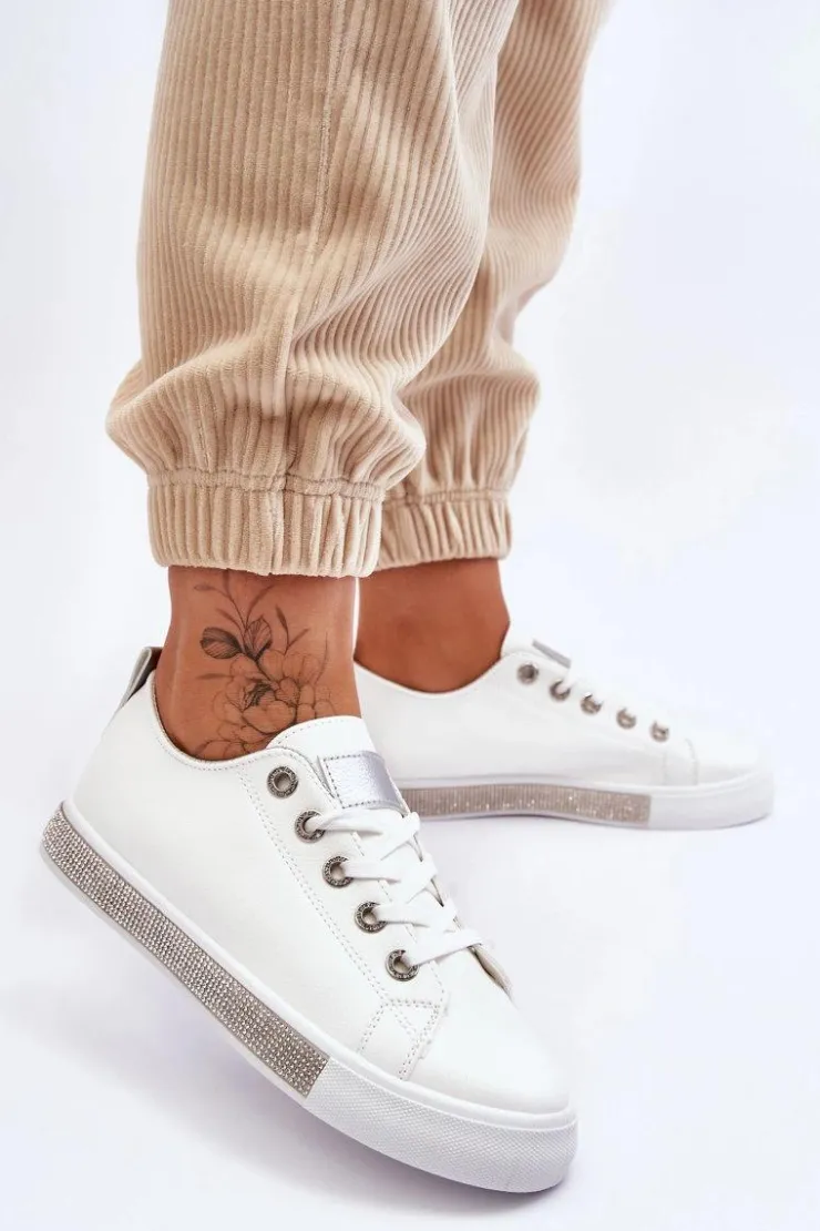 Outlet Boto Niskie Trampki Damskie Z Dżetami Biało-Srebrne Demira