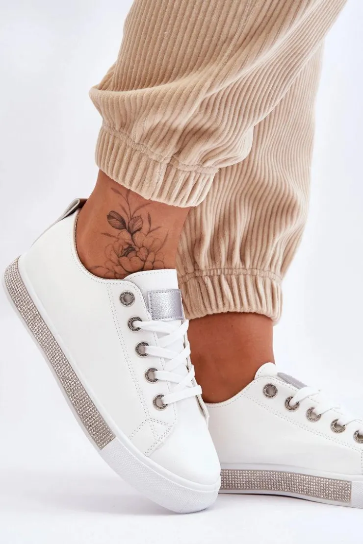 Outlet Boto Niskie Trampki Damskie Z Dżetami Biało-Srebrne Demira