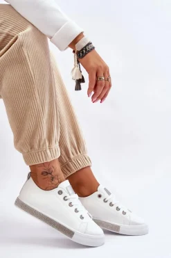 Outlet Boto Niskie Trampki Damskie Z Dżetami Biało-Srebrne Demira