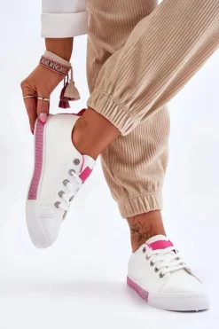 Damskie Boto Niskie Trampki Damskie Z Dżetami Biało-Różowe Demira