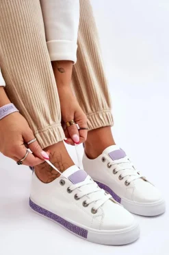 Boto Niskie Trampki Damskie Z Dżetami Biało-Fioletowe Demira