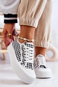 Damskie Boto Niskie Trampki Na Platformie Biało-Czarne Mischa