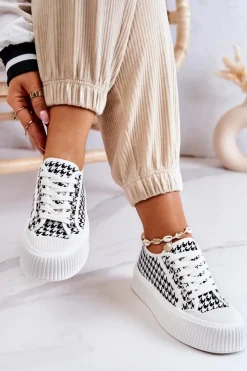 Damskie Boto Niskie Trampki Na Platformie Biało-Czarne Mischa