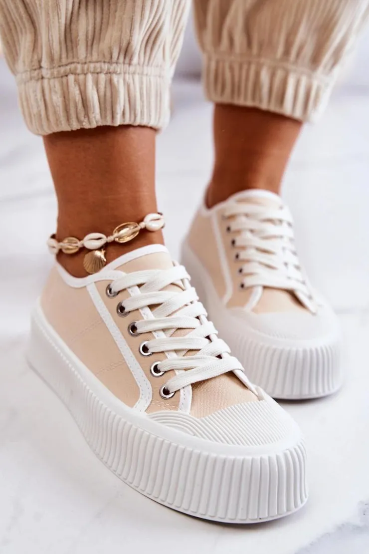 Boto Trampki Damskie Niskie*Niskie Trampki Na Platformie Beżowe Mischa Beżowy