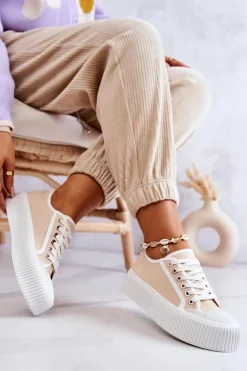 Boto Trampki Damskie Niskie*Niskie Trampki Na Platformie Beżowe Mischa Beżowy