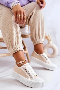 Boto Trampki Damskie Niskie*Niskie Trampki Na Platformie Beżowe Mischa Beżowy