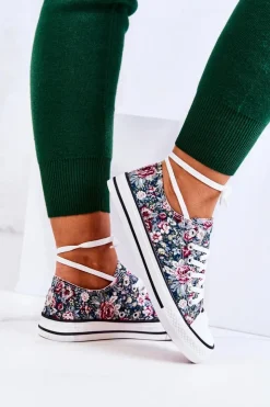 Boto Trampki Damskie Niskie*Niskie Trampki W Kwiaty Zielone Desiree