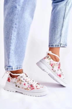 Boto Trampki Damskie Niskie*Niskie Trampki Wiązane W Kwiaty Białe Amissa