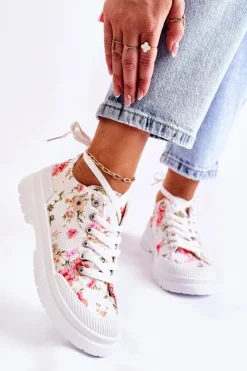 Boto Trampki Damskie Niskie*Niskie Trampki Wiązane W Kwiaty Białe Amissa
