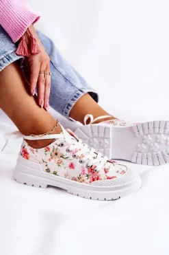 Boto Trampki Damskie Niskie*Niskie Trampki Wiązane W Kwiaty Białe Amissa
