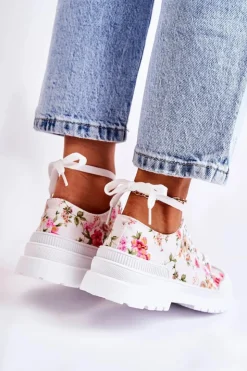 Boto Trampki Damskie Niskie*Niskie Trampki Wiązane W Kwiaty Białe Amissa