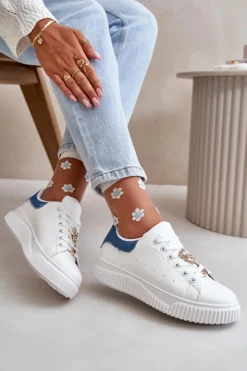 Damskie Boto Niskie Trampki Z Eko Skóry Z Przypinkami Biało-Niebieskie Cillione