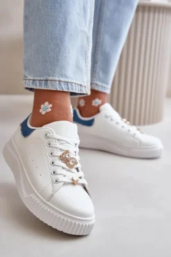 Damskie Boto Niskie Trampki Z Eko Skóry Z Przypinkami Biało-Niebieskie Cillione