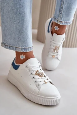 Damskie Boto Niskie Trampki Z Eko Skóry Z Przypinkami Biało-Niebieskie Cillione