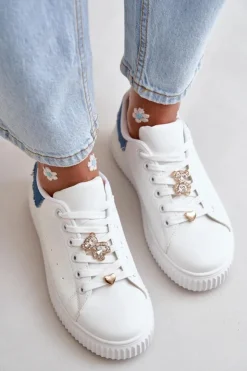 Damskie Boto Niskie Trampki Z Eko Skóry Z Przypinkami Biało-Niebieskie Cillione