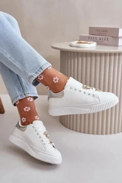 Online Boto Niskie Trampki Z Eko Skóry Z Przypinkami Biało-Srebrne Cillione